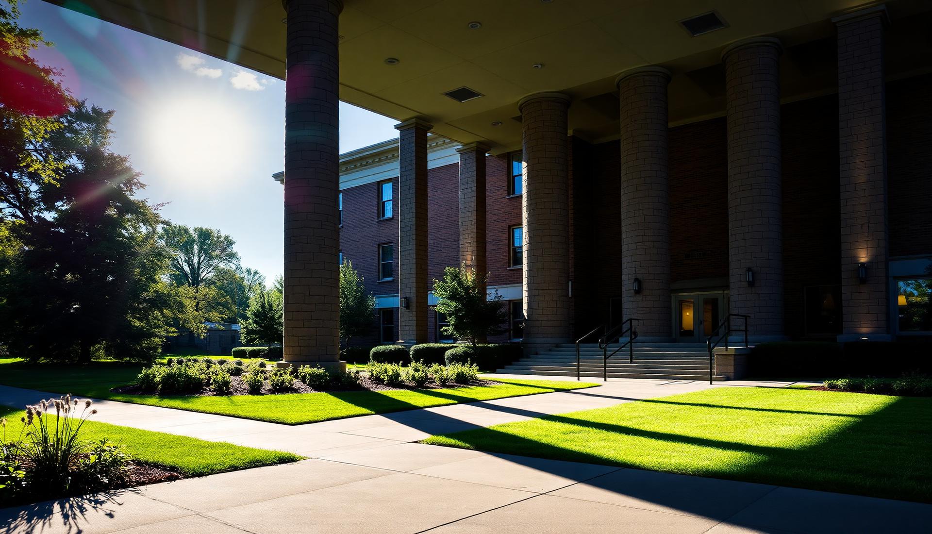 Institutional government building entrance with columns and manicured grounds